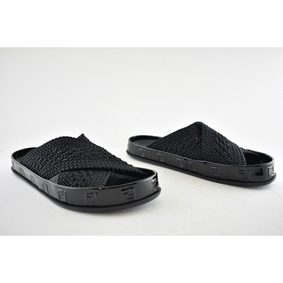 Fendi Black Criss Cross Woven Logo Mule Slide Slip On Flat Flip Flop Sandal 36.5 - Picture 4 of 12